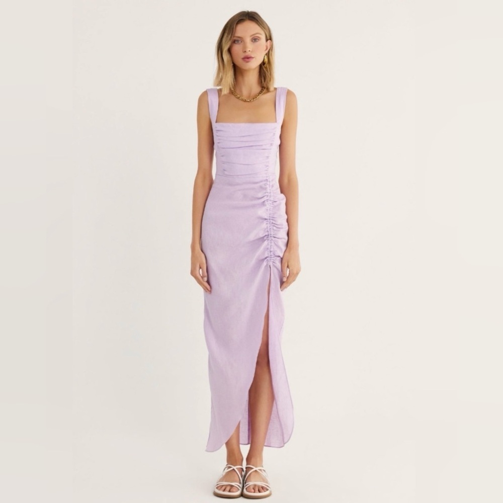 RUMER THE LABEL  Estelle 100% Linen Ruched Maxi Dress Lilac - NEW - Size Small